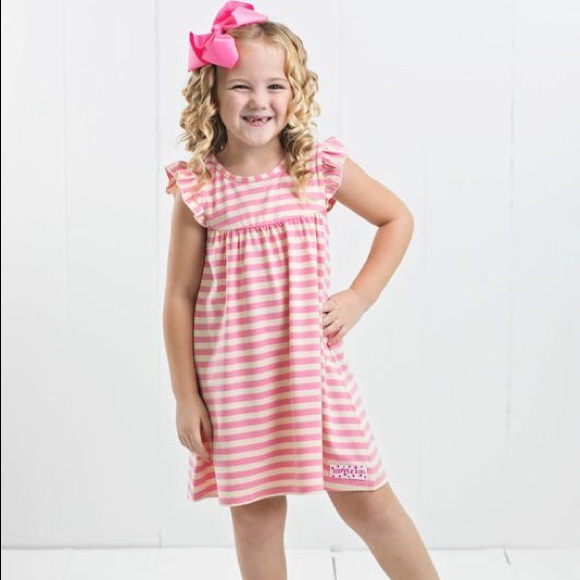 Ruffle Girl Pink & Cream Core Stripe Pearl Dress - Picture 1 of 3